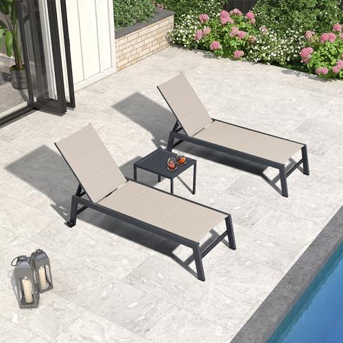 Outdoor Patio Chaise Lounge Set of 2 Aluminum Frame with Wheels Side Table Beige Textilene vovaloop