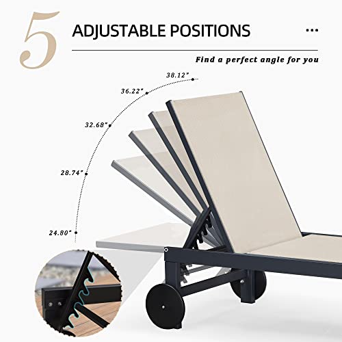 Outdoor Chaise Lounge Set of 2 with Wheels Aluminum Frame 5 Position Recliner Side Table Beige vovaloop