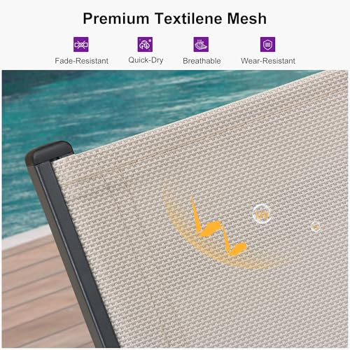 Outdoor Chaise Lounge Set of 2 with Wheels Aluminum Frame 5 Position Recliner Side Table Beige vovaloop