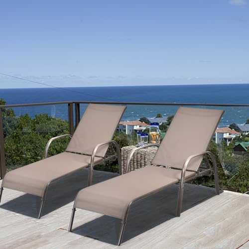 Outdoor Chaise Lounge Set of 2 with 5 Adjustable Backrest Steel Frame Brown for Patio Pool vovaloop