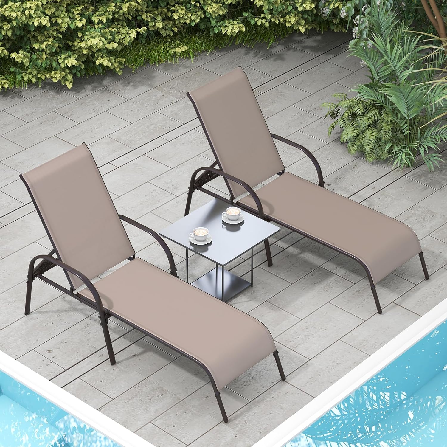 Outdoor Chaise Lounge Set of 2 with 5 Adjustable Backrest Steel Frame Brown for Patio Pool vovaloop