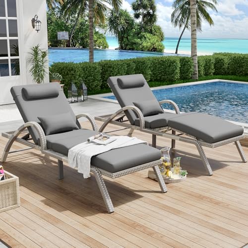 Outdoor Chaise Lounge Set of 2 PE Rattan Wicker with 5 Position Adjustable Backrest Leg Support Grey vovaloop