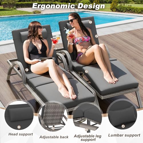 Outdoor Chaise Lounge Set of 2 PE Rattan Wicker with 5 Position Adjustable Backrest Leg Support Grey vovaloop