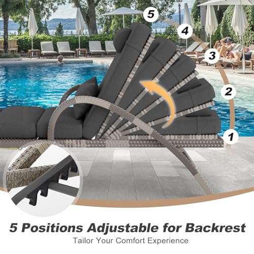 Outdoor Chaise Lounge Set of 2 PE Rattan Wicker with 5 Position Adjustable Backrest Leg Support Grey vovaloop