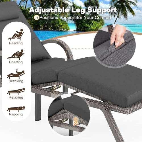 Outdoor Chaise Lounge Set of 2 PE Rattan Wicker with 5 Position Adjustable Backrest Leg Support Grey vovaloop