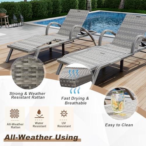 Outdoor Chaise Lounge Set of 2 PE Rattan Wicker with 5 Position Adjustable Backrest Leg Support Grey vovaloop