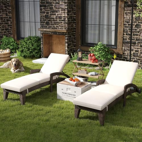 Wicker Chaise Lounge Set of 2 with Wheels 5 Position Adjustable Upholstered Cushions Khaki vovaloop