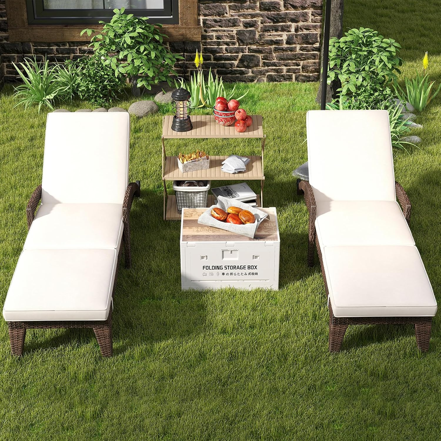 Wicker Chaise Lounge Set of 2 with Wheels 5 Position Adjustable Upholstered Cushions Khaki vovaloop