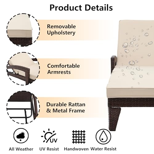 Wicker Chaise Lounge Set of 2 with Wheels 5 Position Adjustable Upholstered Cushions Khaki vovaloop