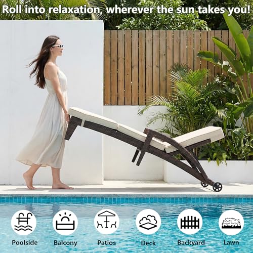 Wicker Chaise Lounge Set of 2 with Wheels 5 Position Adjustable Upholstered Cushions Khaki vovaloop