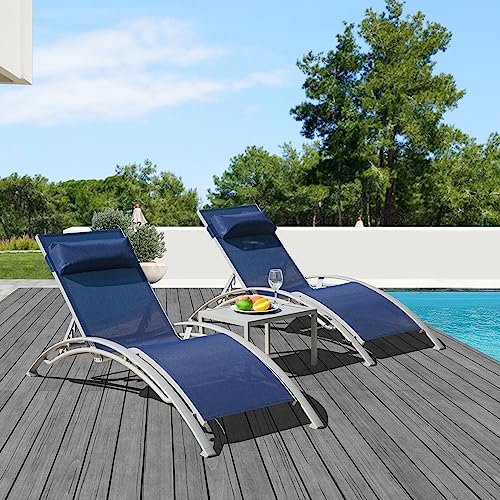 Aluminum Lounge Chair Set of 3 Outdoor with 5 Adjustable Positions Textilene Fabric Side Table Blue vovaloop