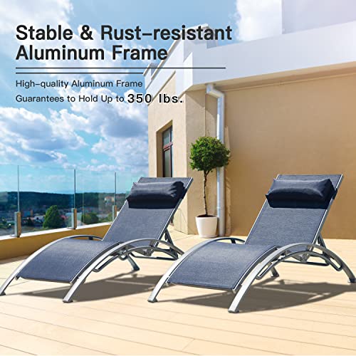 Aluminum Lounge Chair Set of 3 Outdoor with 5 Adjustable Positions Textilene Fabric Side Table Blue vovaloop