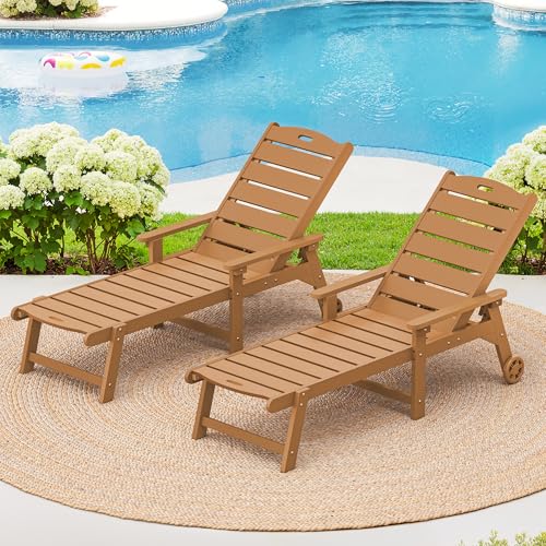 Outdoor Chaise Lounge Set of 2 HDPS Material 5 Position Adjustable with Wheels Teak Color vovaloop