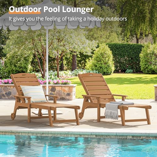 Outdoor Chaise Lounge Set of 2 HDPS Material 5 Position Adjustable with Wheels Teak Color vovaloop