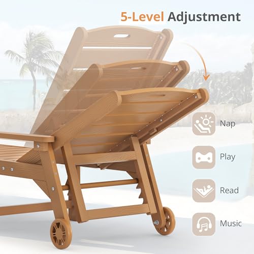 Outdoor Chaise Lounge Set of 2 HDPS Material 5 Position Adjustable with Wheels Teak Color vovaloop