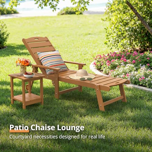 Outdoor Chaise Lounge Set of 2 HDPS Material 5 Position Adjustable with Wheels Teak Color vovaloop