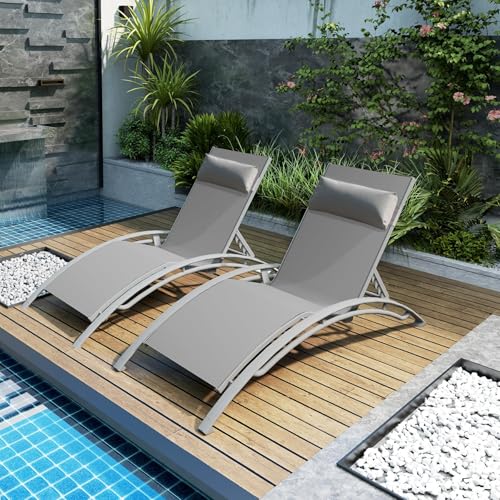 Aluminum Chaise Lounge Set of 2 Outdoor 5 Position Adjustable with Armrests Textilene Grey vovaloop