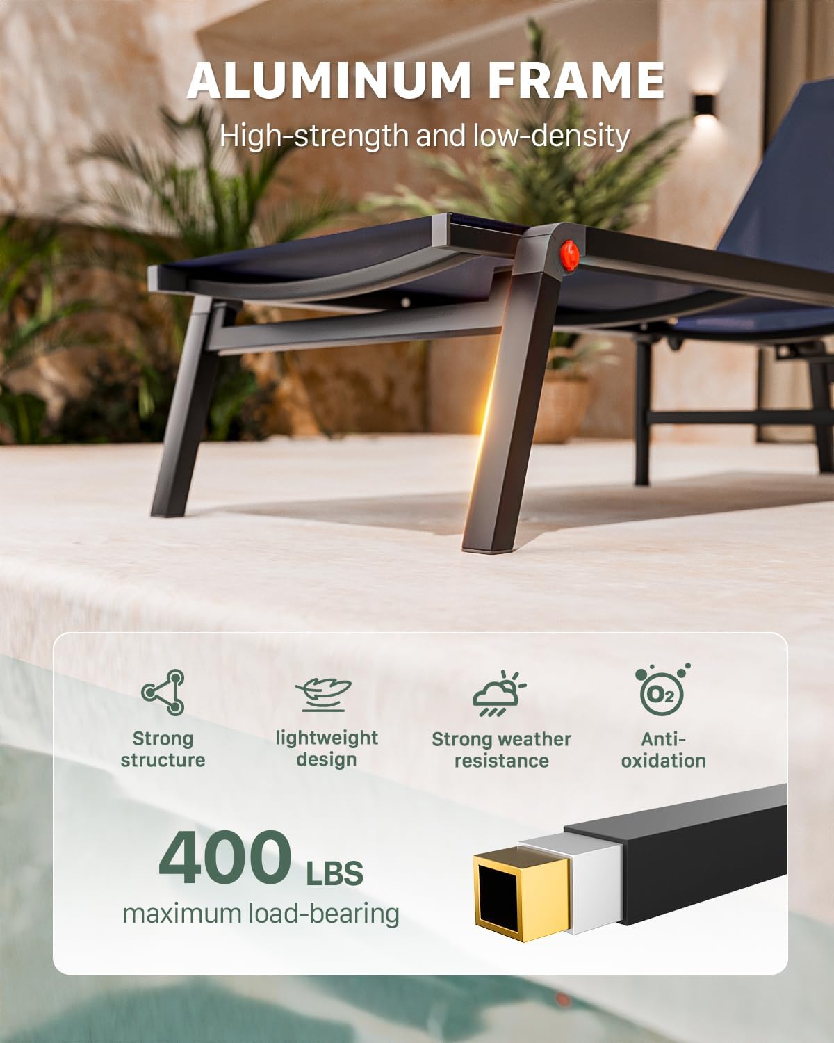 Aluminum Foldable Chaise Lounge Chair Outdoor Patio Lounger Khaki for Pool Garden Terrace vovaloop