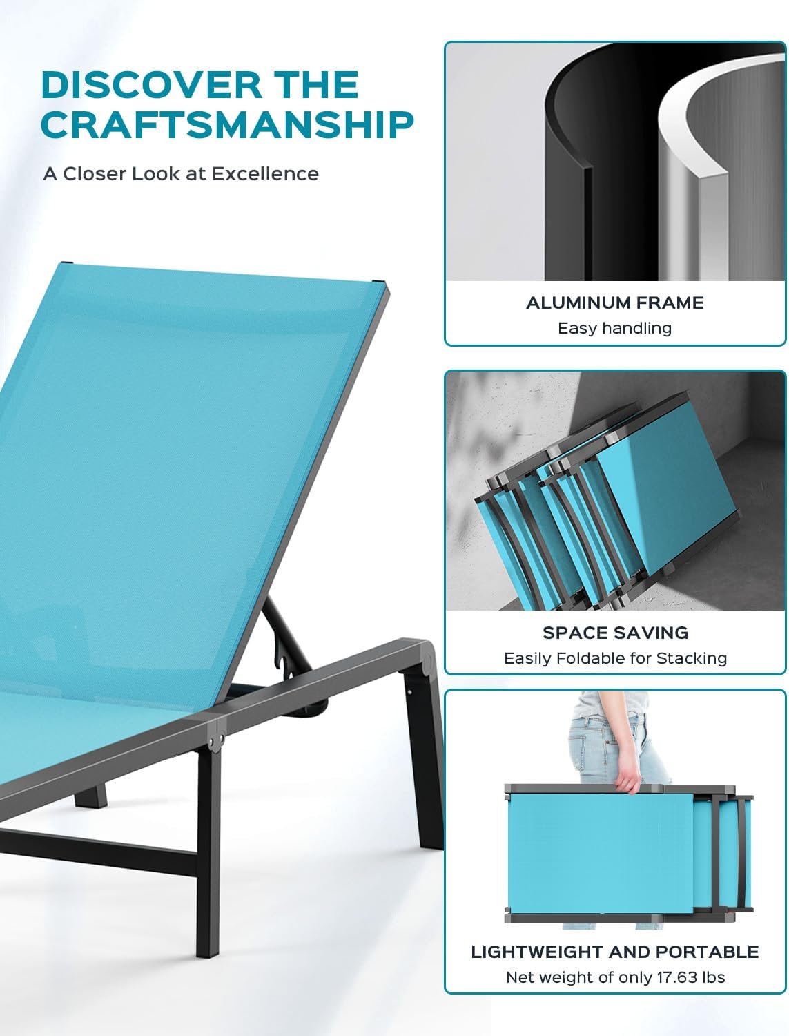 Aluminum Chaise Lounge Outdoor Lounge Chair with 5 Adjustable Backrest vovaloop