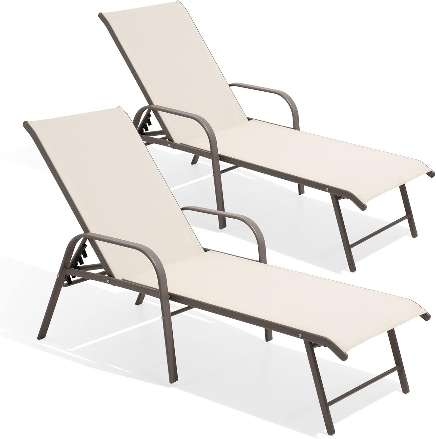 Chaise Lounge Chair Set of 2 with Armrests Adjustable Backrest Textilene Fabric Aluminum Frame Beige vovaloop
