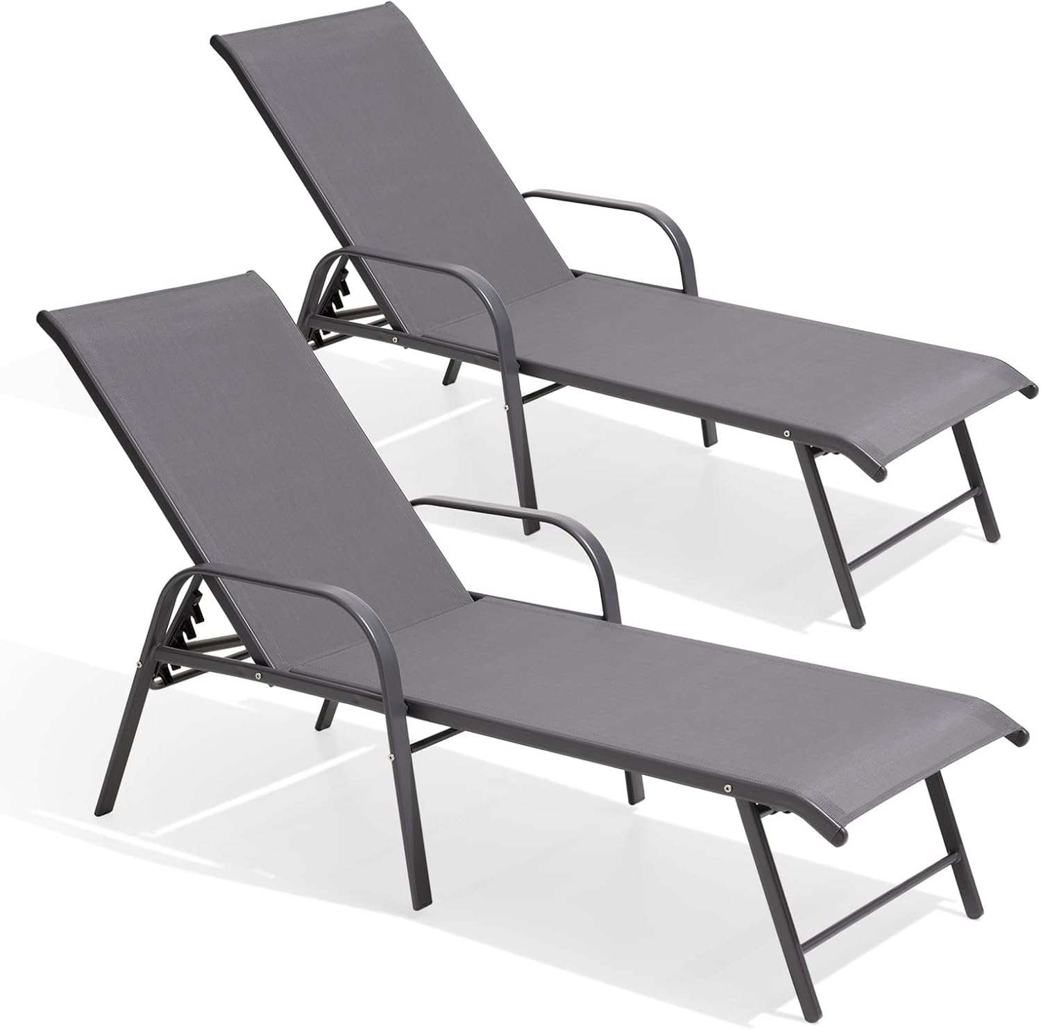 Chaise Lounge Chair Set of 2 with Armrests Adjustable Backrest Textilene Fabric Aluminum Frame Beige vovaloop