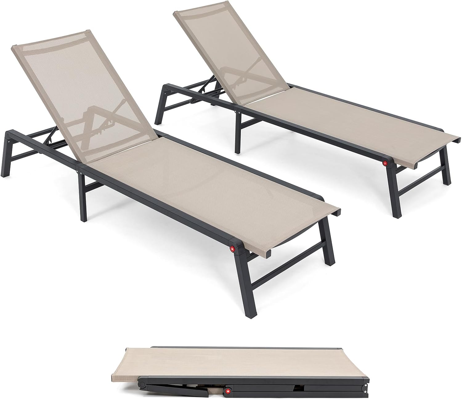 Aluminum Chaise Lounge Set of 2 Outdoor Patio Chairs Fully Assembled Foldable Beige vovaloop