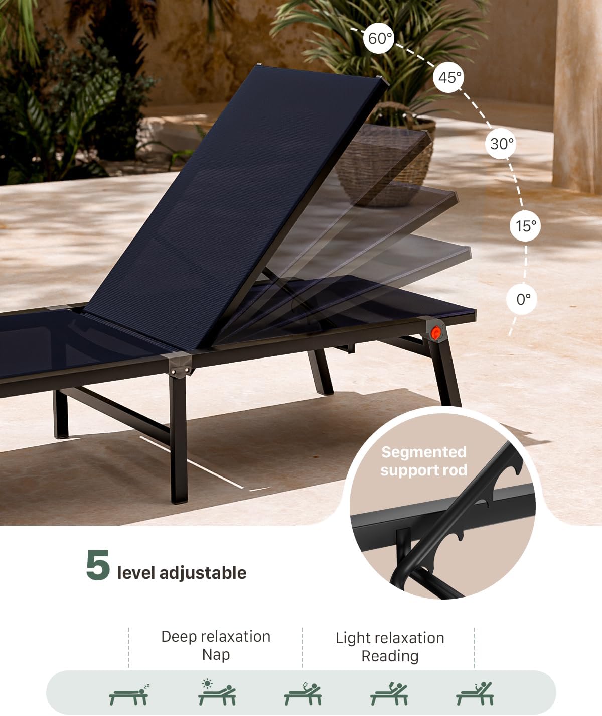 Aluminum Foldable Chaise Lounge Chair Outdoor Patio Lounger Khaki for Pool Garden Terrace vovaloop