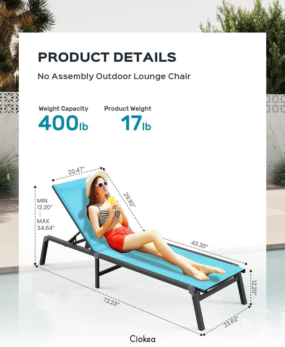 Aluminum Chaise Lounge Outdoor Lounge Chair with 5 Adjustable Backrest vovaloop