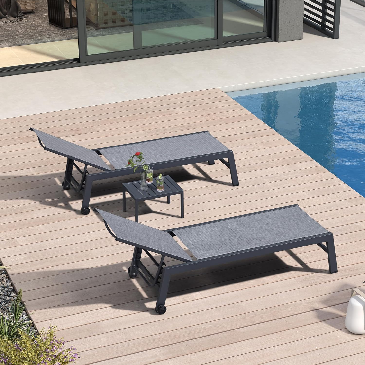 Patio Chaise Lounge Set 2 Pieces Textilene Fabric Aluminum Frame with Wheels Side Table vovaloop