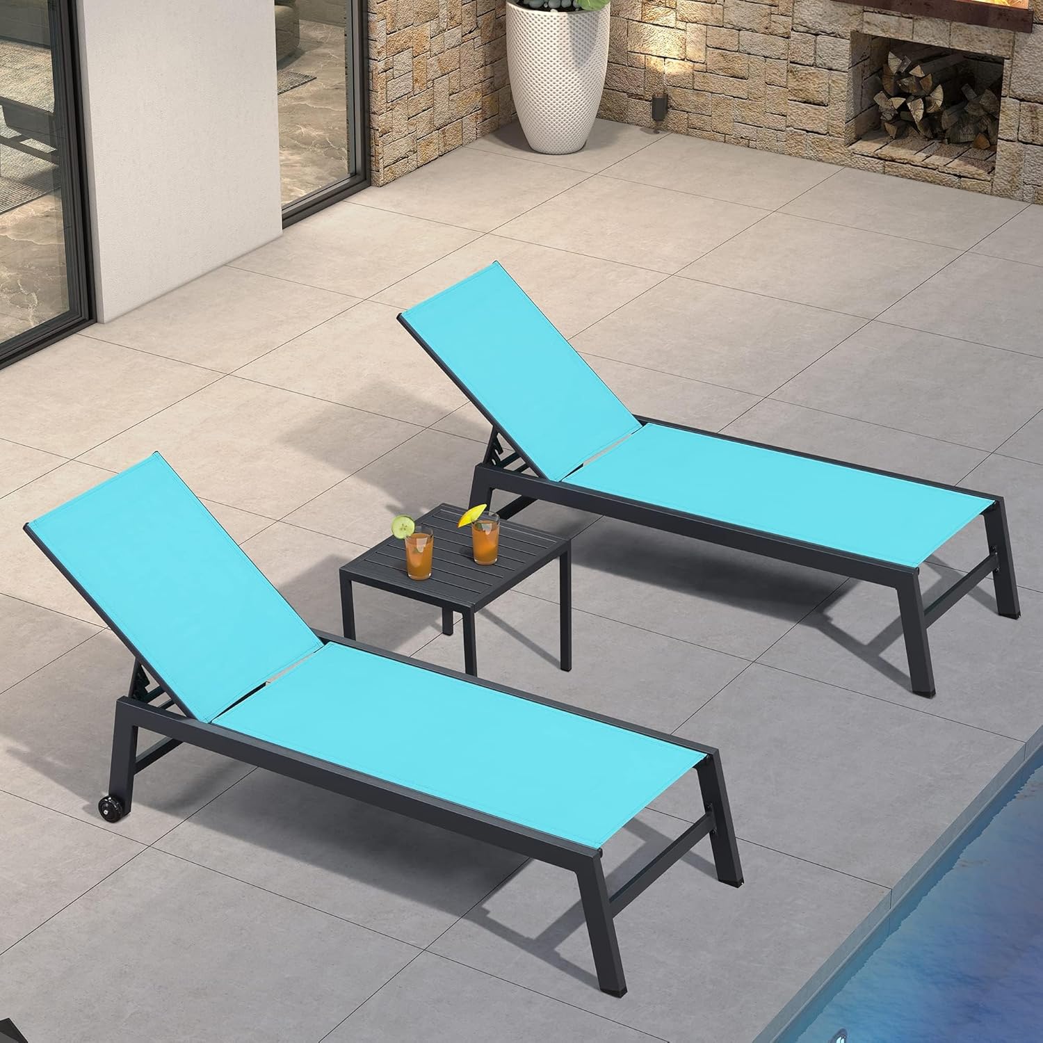 Patio Chaise Lounge Set 2 Pieces Textilene Fabric Aluminum Frame with Wheels Side Table vovaloop