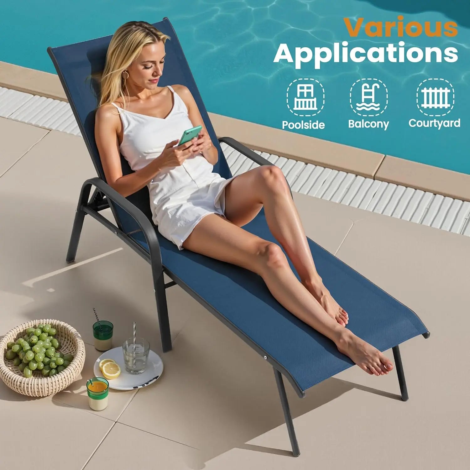 Chaise Lounge Chair Set of 2 with Armrests Adjustable Backrest Textilene Fabric Aluminum Frame Beige vovaloop