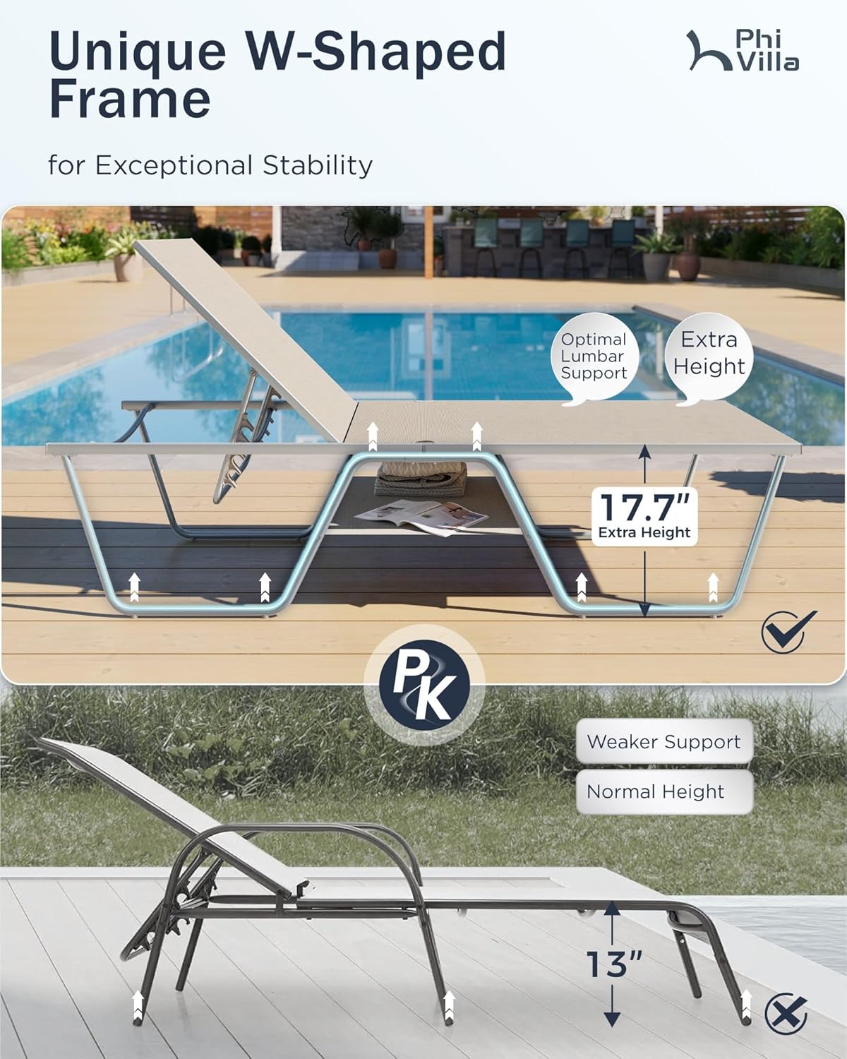 Oversized Outdoor Chaise Lounge Chair 78 Inches Foldable Patio Lounger Beige vovaloop