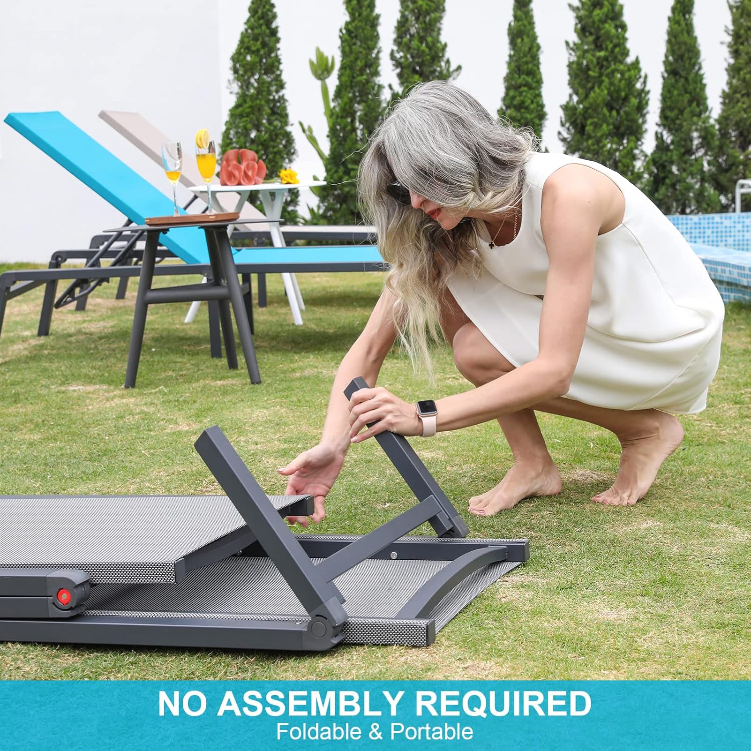 Aluminum Chaise Lounge Set of 2 Outdoor Patio Chairs Fully Assembled Foldable Beige vovaloop