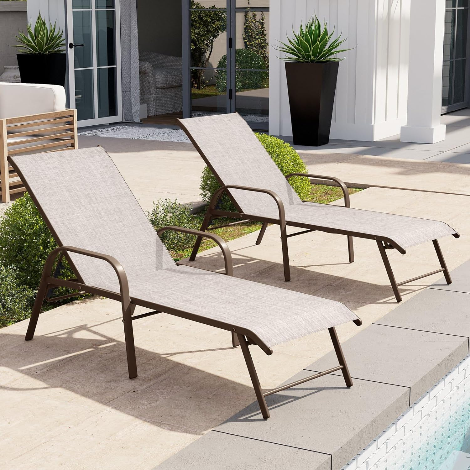 Chaise Lounge Chair Set of 2 with Armrests Adjustable Backrest Textilene Fabric Aluminum Frame Beige vovaloop