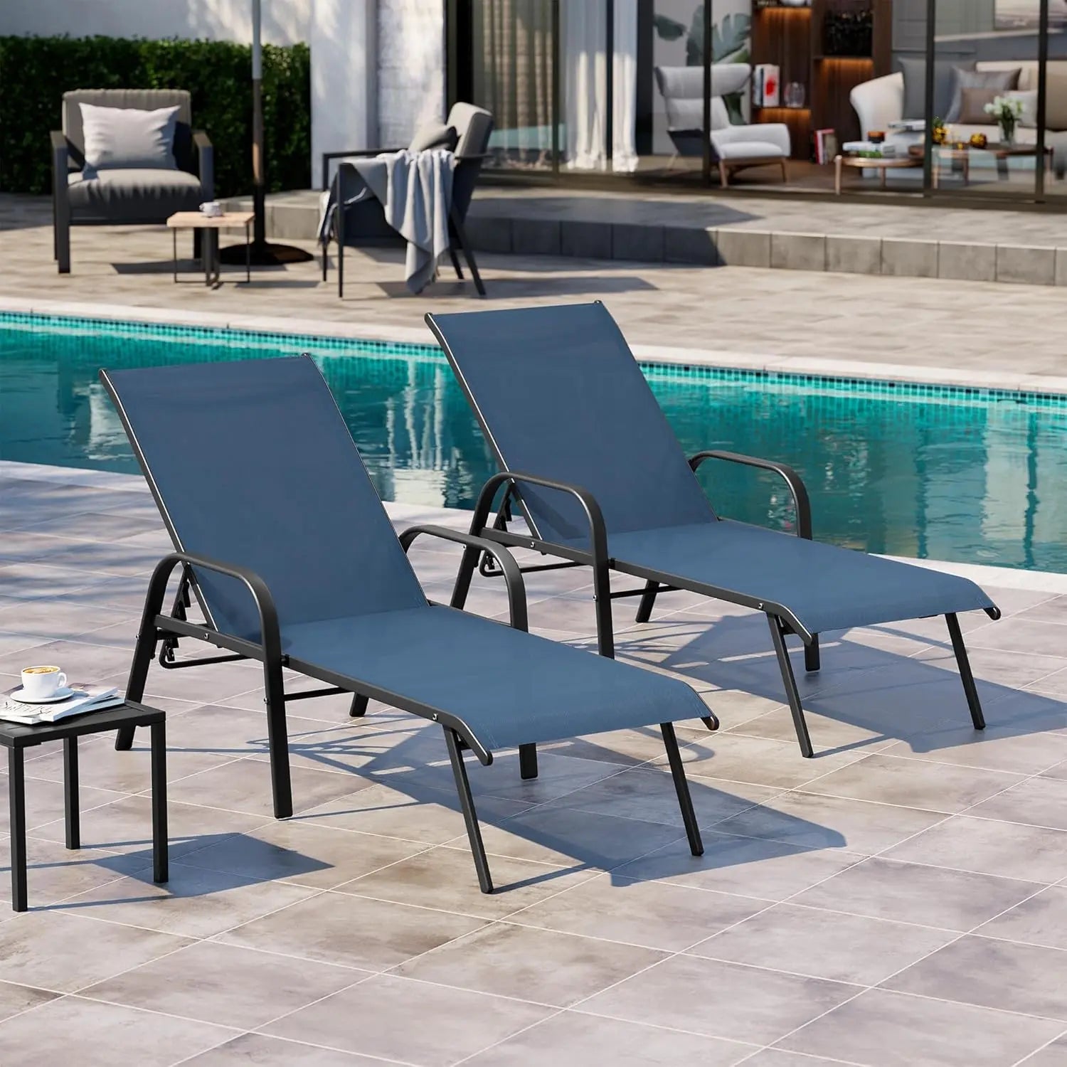 Chaise Lounge Chair Set of 2 with Armrests Adjustable Backrest Textilene Fabric Aluminum Frame Beige vovaloop