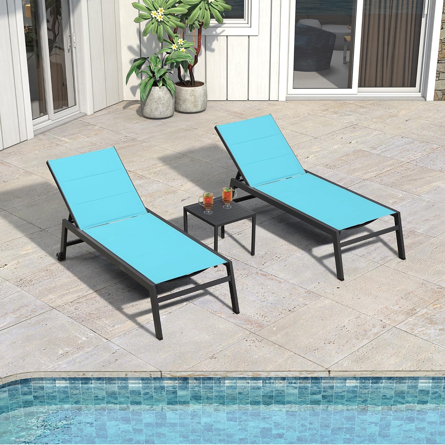 Patio Chaise Lounge Set 2 Pieces Textilene Fabric Aluminum Frame with Wheels Side Table vovaloop