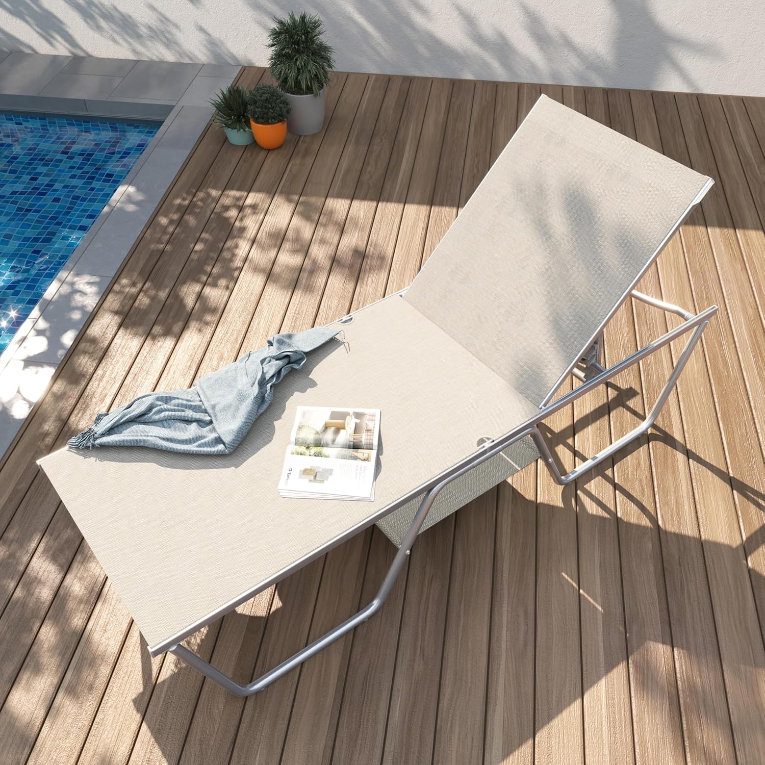 Oversized Outdoor Chaise Lounge Chair 78 Inches Foldable Patio Lounger Beige vovaloop