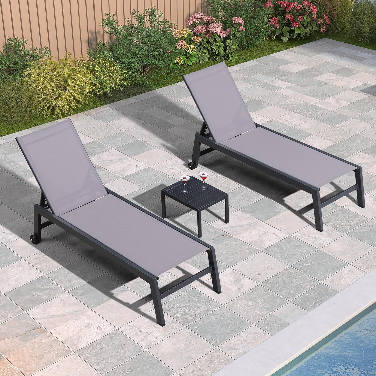 Patio Chaise Lounge Set 2 Pieces Textilene Fabric Aluminum Frame with Wheels Side Table vovaloop